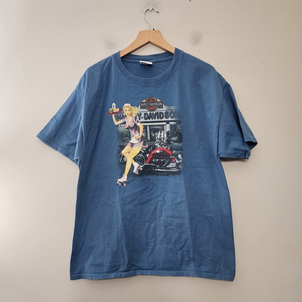 Y2k Harley Davidson T Shirt Men XL Blue Diner Girl Boxy Motorcycle Skater Grunge